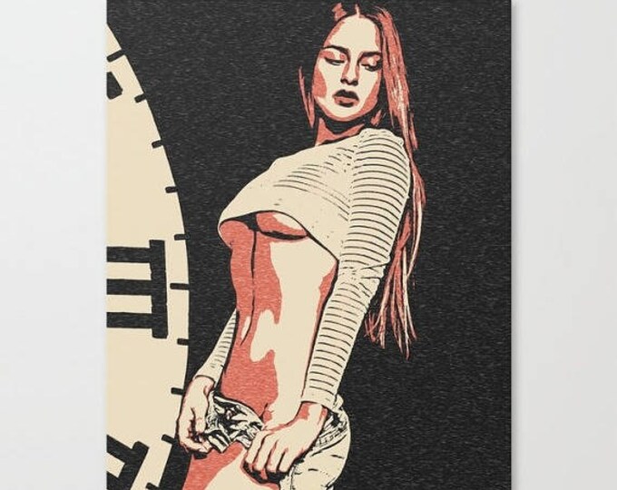 Erotic Art Canvas Print - Time flies, unique conte style drawing, perfect shapes redhead girl in jeans shorts, sensual high quality artwork