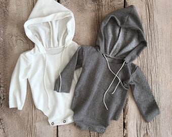 Boys Hooded Long Sleeve Romper, Heather Grey & White, Newborn-9 Month sizes ~ Newborn Photography Props,