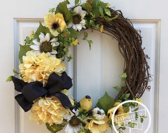 Yellow Wreath, Bird Wreath, Front Door Wreath, Summer Wreath, Wreath Street Floral, Grapevine Wreath, Everyday Wreath, Door Wreath