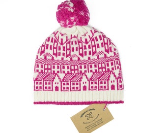 Cashmere knitted hat - fairisle hat with pom-pom - luxury cashmere beanie - Hebden Houses pattern - pink knitted bobble hat - cashmere wool