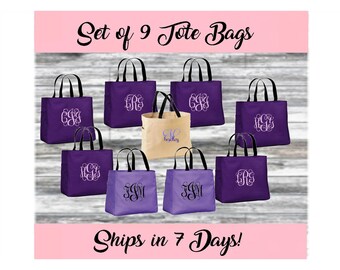 Set of 9 Bridesmaid Tote Bags-Bridesmaid Gift-Monogrammed Tote Bag-Personalized Tote Bag-Tote Bag