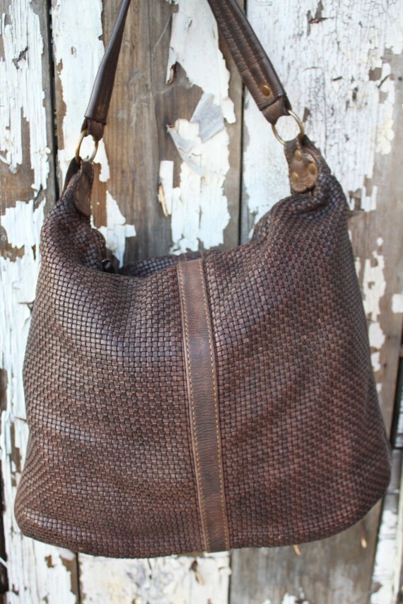 Dark Brown Soft Woven Italian Leather Hobo Bag