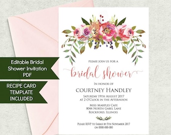 Printable Bridal Shower Invitation and Recipe Card Set, Instant Download, Floral theme WLP241
