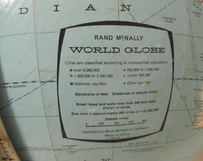 Vintage geographical globe by Rand McNally USA 1960s, table standing 11 inch world globe, turns 360 degrees, libarary decor
