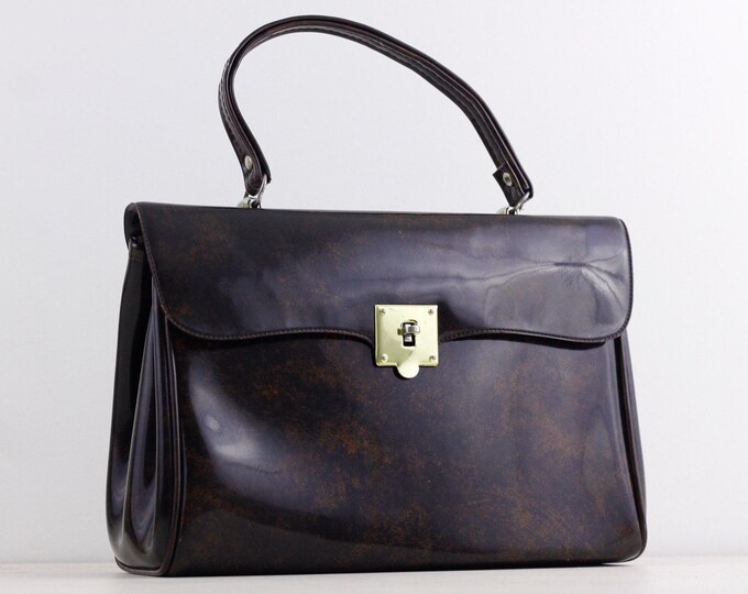 Vintage 1960s handbag, brown marbled vinyl top handle handbag, tortoise faux patent leather bag, vintage fashion ladies purse, gift for her