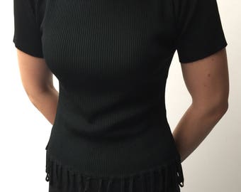 vintage Black silk knit ribbed fringed tassle top