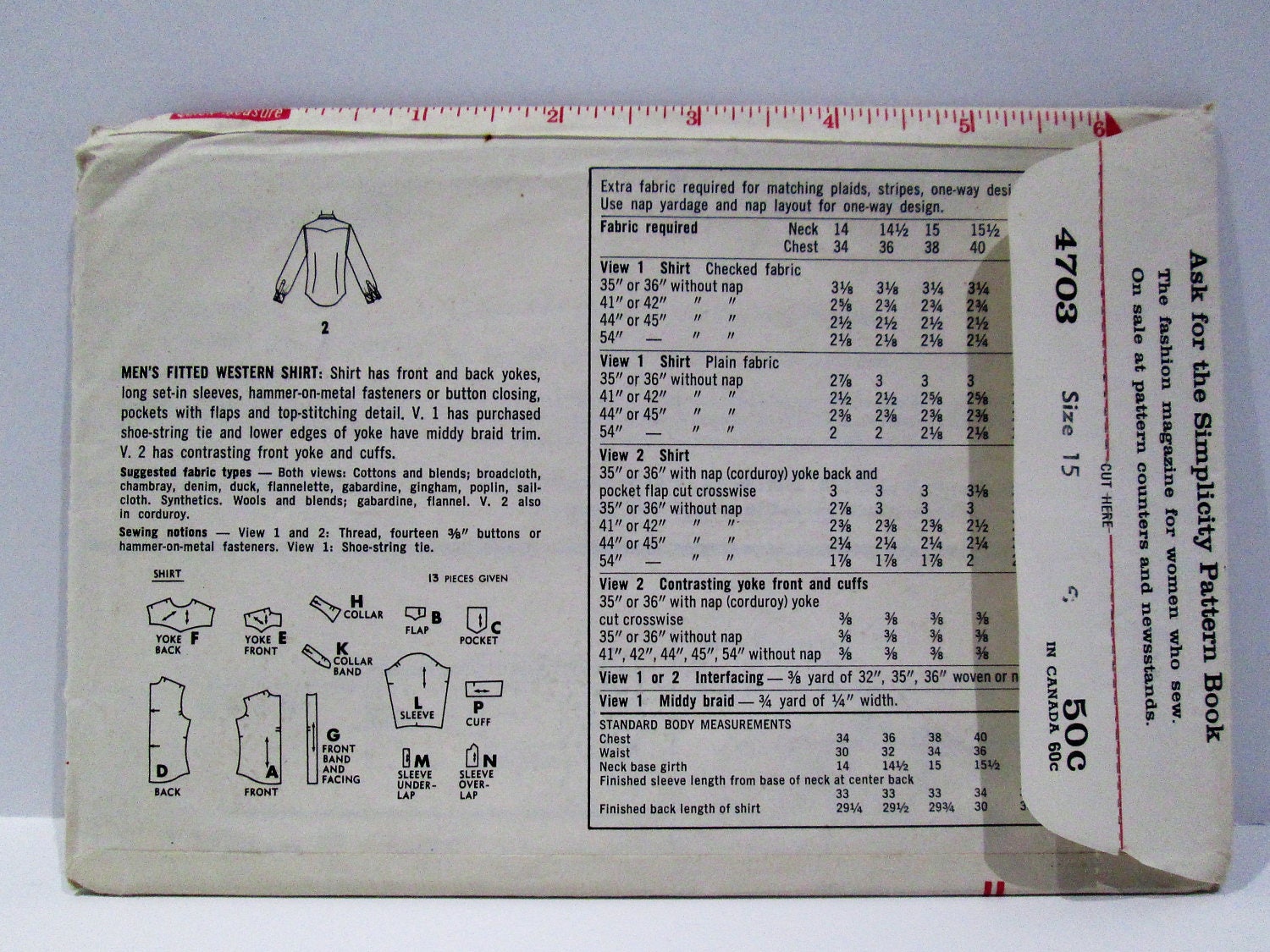 Vintage 1960s Simplicity Men's Western Shirt Sewing Pattern 4703, Chest ...