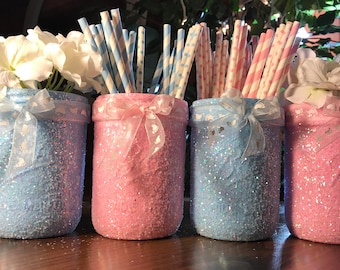 Gender Reveal Mason Jars, Set of 4, Pink and Blue Baby Shower, Glitter Mason Jars, Girls Room, Gender Reveal Decorations, Gender Reveal