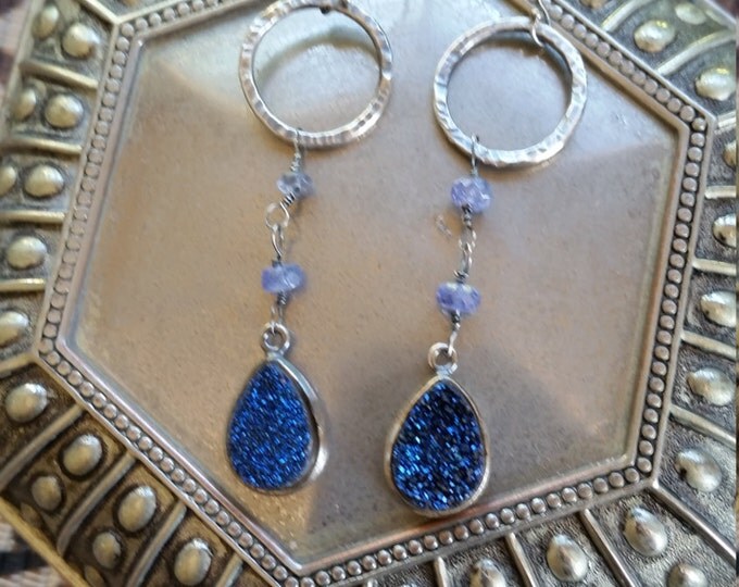 Earrings with a Hand Textured Sterling Silver Circle with a Raw Iolite Bead and Dark Royal Blue Druzy Dangles