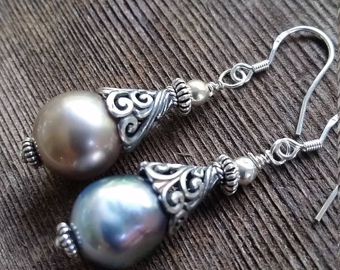 Tahitian Pearl Earrings Set in Sterling Silver