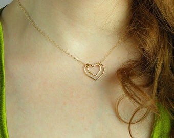 Mother Daughter Heart Necklace, Double Heart Necklace, Delicate Layering, Silver Gold, Dainty Open Heart Necklace, Minimalist Gift for her