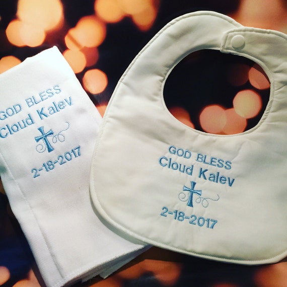 Baptism bib and burp cloth set christening bib set baby boy