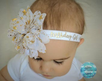 Birthday Headband, Gold Headband, Baby Girl Headband, Baby Hair Bow, White and Gold Headband