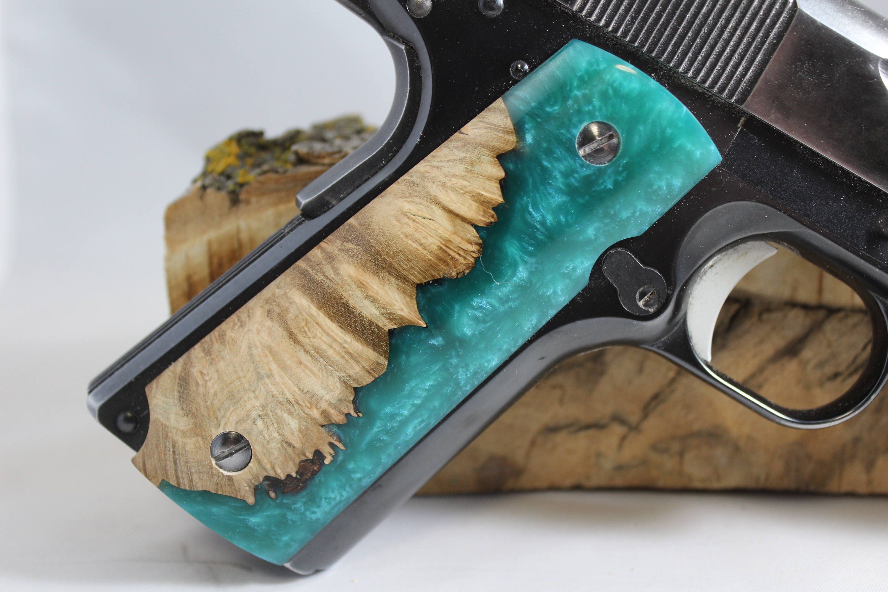 1911 Pistol Grips Maple Burl Turquoise Composite (3A) from AAOCustoms