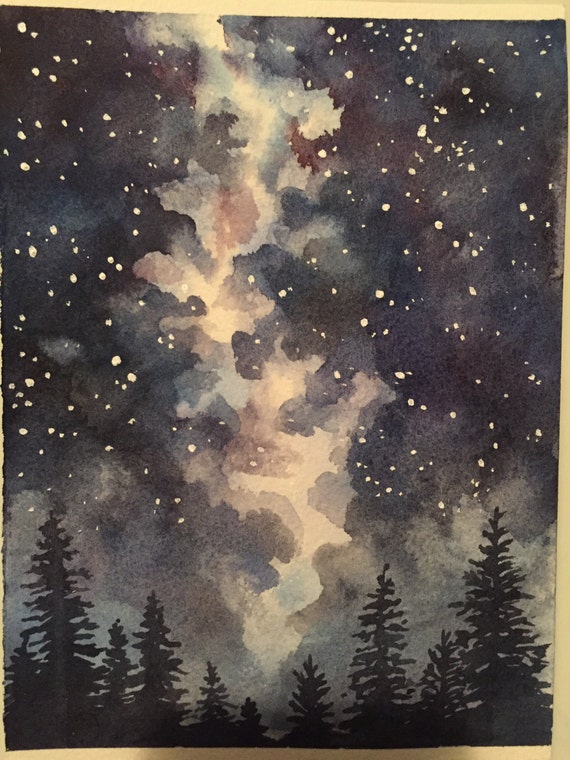 Night Sky Forest original watercolor painting