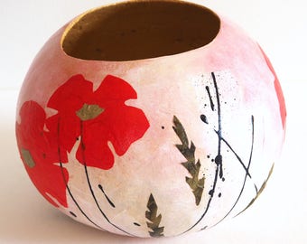 Mixed media painted gourd art, decorative bowl, abstract collage with four red flowers, boho decor