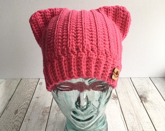Hot pink pussyhat, pink pussyhat, pussyhat project, pink cat ears hat, crochet cat ear beanie, international women's day