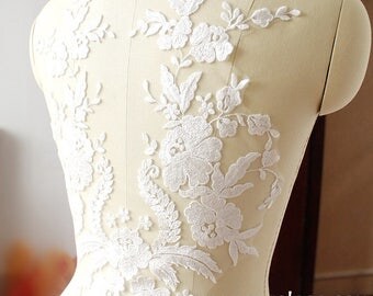 Lace Applique Pair/Wedding Dress Applique/Bridal Applique/Wedding Applique/White Applique/Luxury Applique/Gown Back Pattern by pair,ALA-07