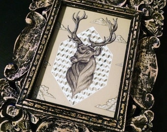 Deer head tête de cerf dessin original cadre