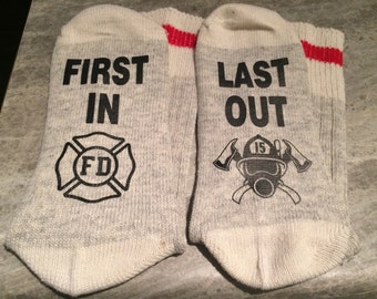 First In ... Last Out (Socks) with Firefighter Logo and Breathing Apparatus design