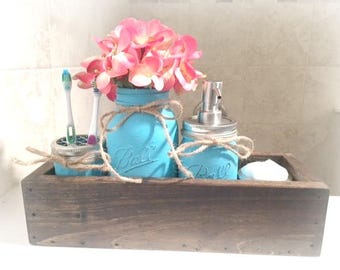 Rustic Planter Box Mason Jar Bathroom Set, Bathroom Set, Mason Jar Decor, Mason Jar Bathroom Set, Rustic Home Decor, Rustic Bath Decor