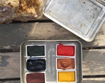 The Mount Antero Set. A handmade watercolor paint set featuring 6 full pans in a vintage tin.