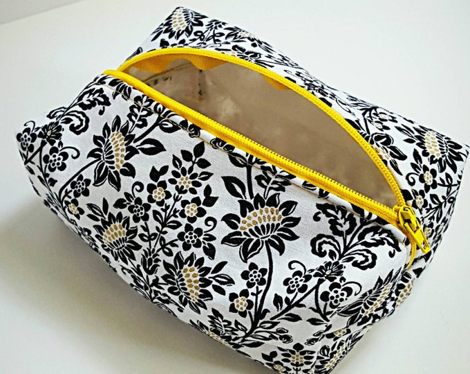 Floral Box Makeup Bag - Gift for Her - Valentine's Day - Zipper Pouch - Smaller Makeup Bag - Black Gold and White