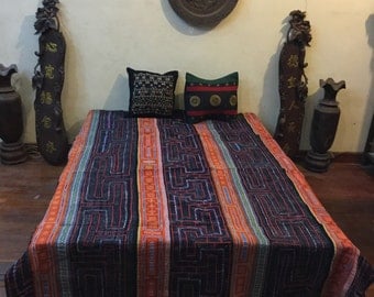 Vintage HandMade Tribal Hmong embroidered batik cotton blanket in the north of Vietnam
