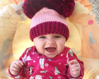 Double Pom Pom beanie, baby kids women pom pom hat, knit pom pom beanie, baby shower gift, newborn photo prop