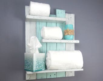 Coastal Bathroom Shelving Over The Toilet – Reclaimed Wood Rolled Bath Towel Rack – Chunky Bathroom Wall Shelves–Coastal Decor Open Shelves