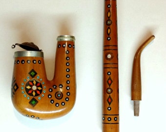 Long smoking pipe with a pattern, Vintage, Big wood smoking pipe USSR, Soviet sectional tobacco pipe, Ukrainian wooden smoking pipe.