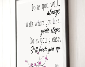 Dave Matthews Band, I'll back you up poster - 5x7, 8x10, 11x14 - Typography Song Lyrics - Pinterest Art - Art Decor - DMB - Inspiration
