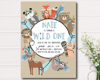 Wild One Birthday Invitation, Woodland Birthday Invitation, Tribal Birthday Invitation, First 1st Birthday Invitation, Printable Invite
