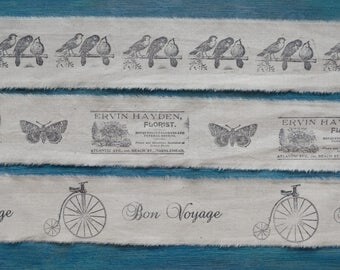 Ribbon muslin hand stamped ribbon scrapbook card making vintage looking decor cotton ribbon old ads birds butterfly travel decor gift wrap
