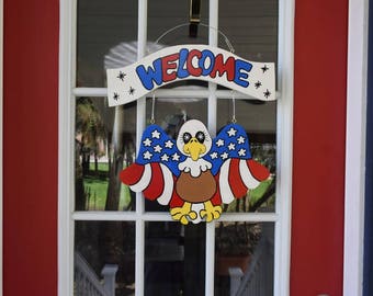 July 4th Door Hanger, Patriotic Eagle Door Hanger, 4th of July Door Hanger, Wood Painted Door Hanger, Door Wreath, Door Decor