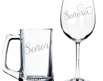 Senor Senora - Engraved Beer Mug and Wine Glass Set - Couples Gifts - Wedding Gifts - BM15OZ-ED11C-WG18OZ-ED11C