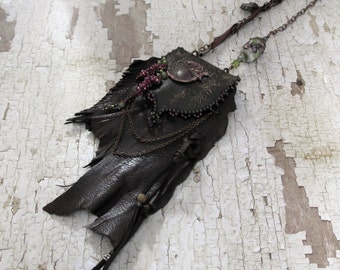 Midsummer's Eve leather neck pouch, beaded, rustic, organic, vintage