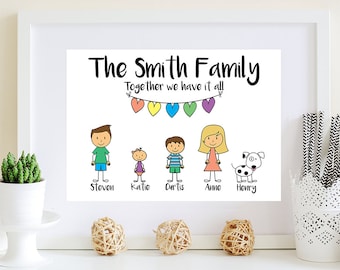 Personalised Stick Family, Personalised Family Print, Personalised Print, Housewarming Gift, Mothers Day Gift, Family portrait