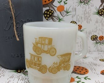 Vintage Anchor Hocking Fire King ~BROWN ANTIQUE CARS ~ Milk Glass Mug