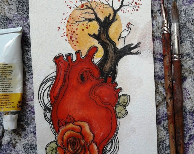 Surreal heart illustration, ORIGINAL painting by TATIANA BOIKO natural heart painting, crane, wall art, wall haning, wall decor, art card