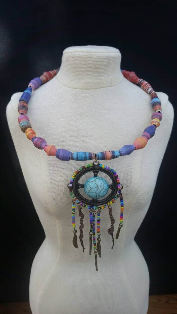 Paper Beads - Choker - Turquoise - Dream Catcher - Pendant - First Anniversary Gift - Birthday Gift for Her - Handmade - Upcycled Jewelry