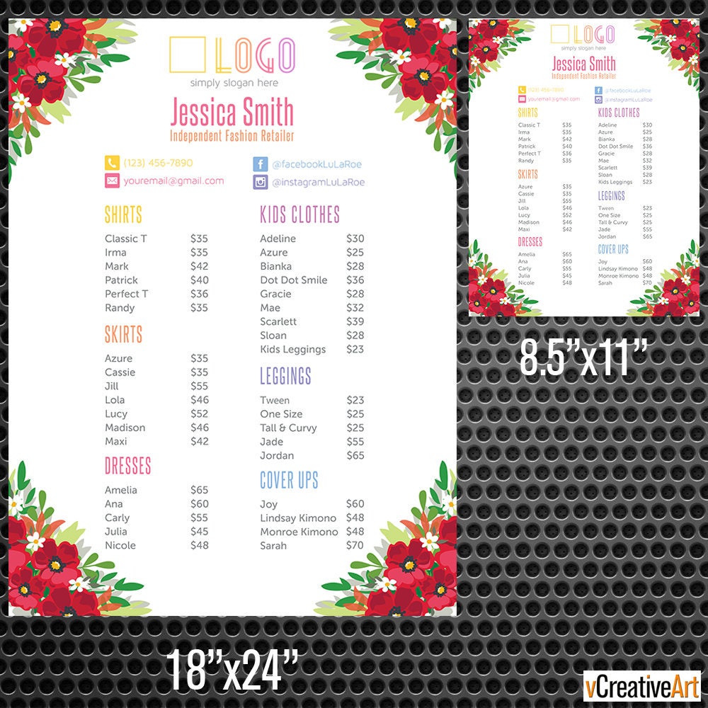 Price List Poster Pricing List 18x24 & 8.5x11 Home Office