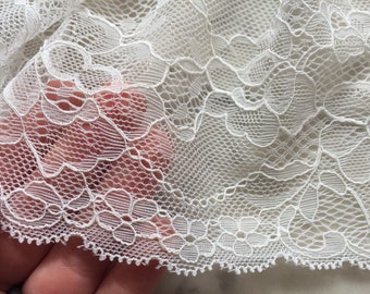 White lace trim, streth lace, wide stretch lace, double scallop edge, 17cm width, per yard