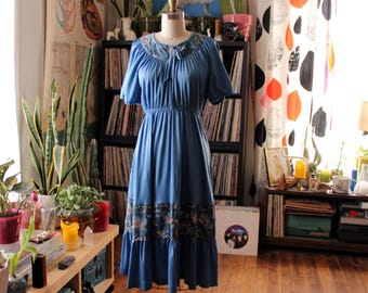 blue vintage 1970s peasant dress with ruffled skirt . womens small medium . AS IS SALE