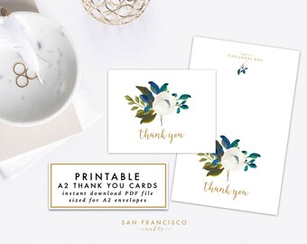 Printable Floral Thank You Cards | A2 Bridal or Baby Shower Thank You Cards, Blue - Diana Collection - INSTANT DOWNLOAD PDF File