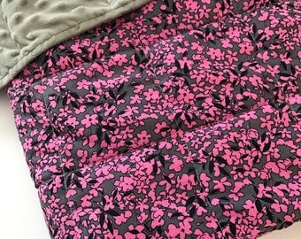Weighted Blanket - Adult or Child - Gray Black Pink Flowers - Choose size (up to 15 lbs) and minky color - custom