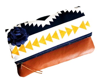 Horizon Brown Leather Clutch, Fold-over Clutch, Blue Clutch Bag, Evening Clutch, Women's Clutch Purse