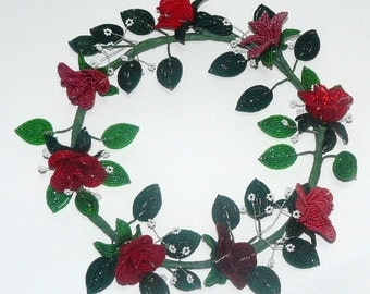 French Beaded Flowers Ring of Red Roses