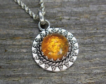 Silver and Amber Necklace - Small Filigree Amber Pendant