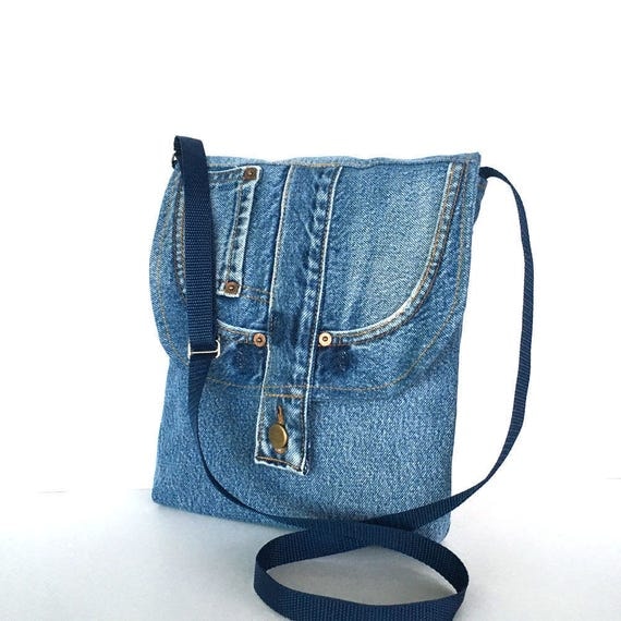 Recycled cross body bag blue jean messenger bag Travel purse